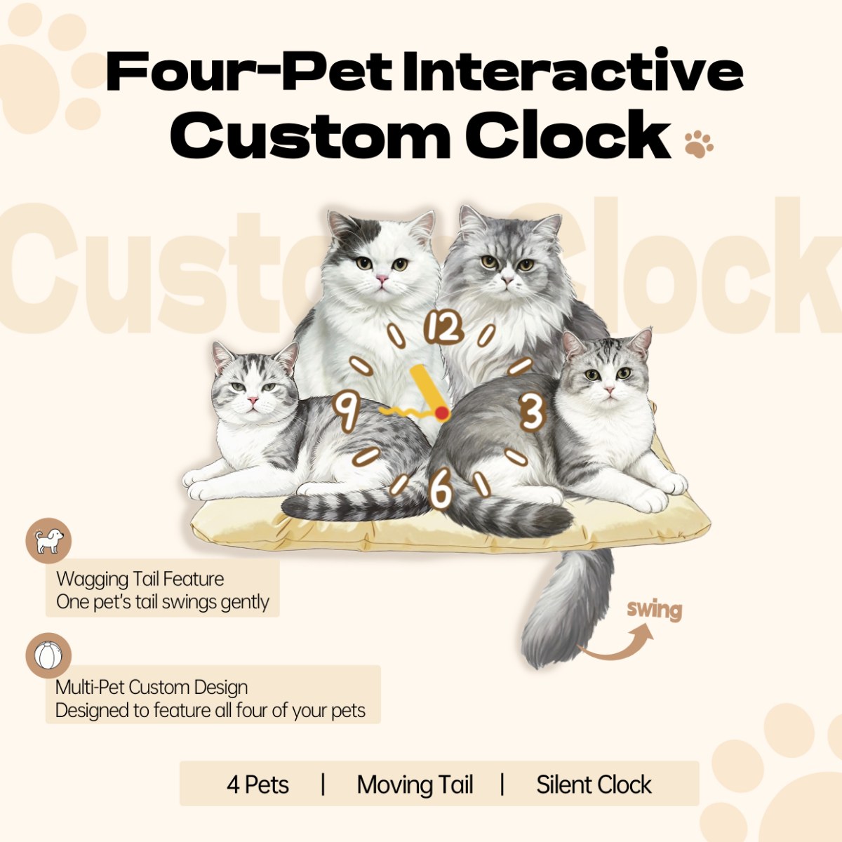 Four Pets | Custom Multi-Pet Moving Tail Clock